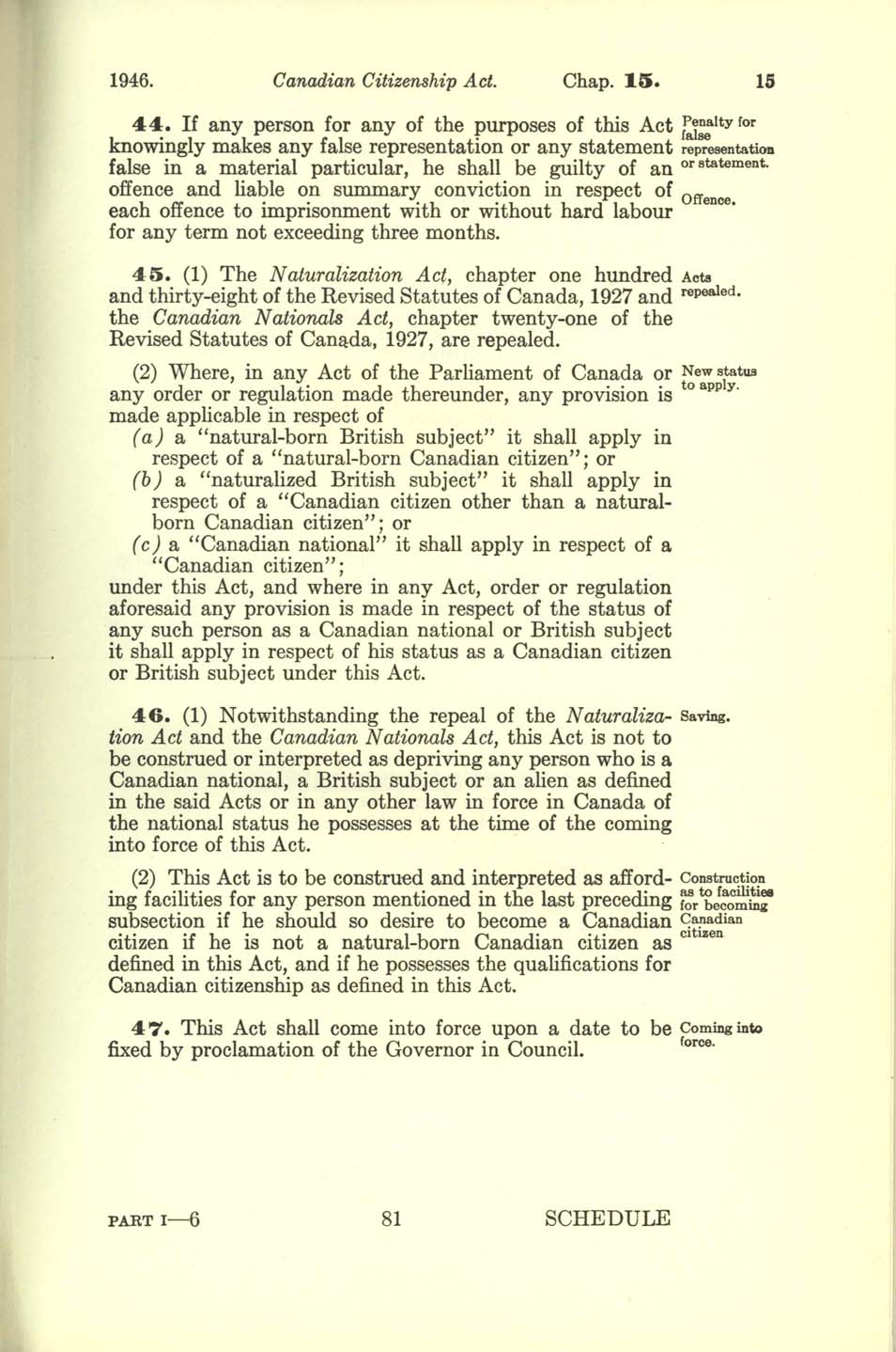 Chap 15 Page 81 Canadian Citizenship Act, 1947