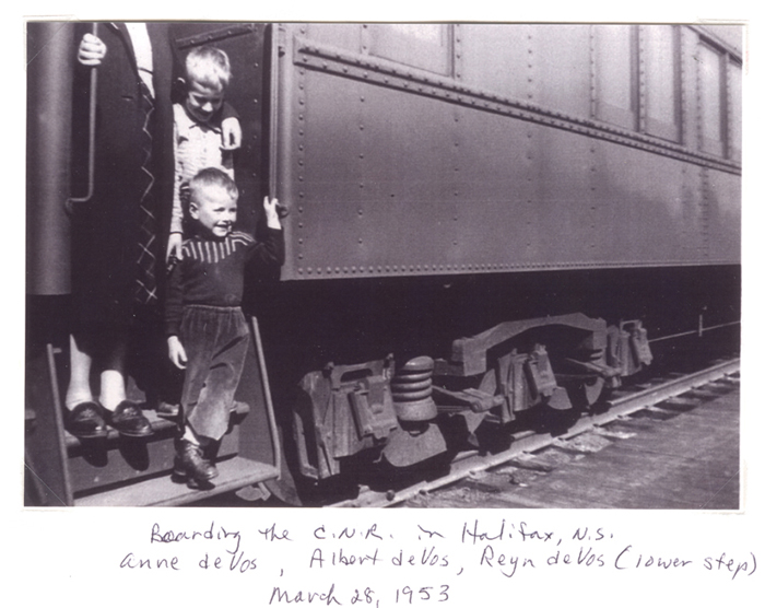 Albert de Vos with Anne & family, boarding a train at the Canadian National Railway station in Halifax, NS. Canadian Museum of Immigration at Pier 21 (DI2013.1541.5).