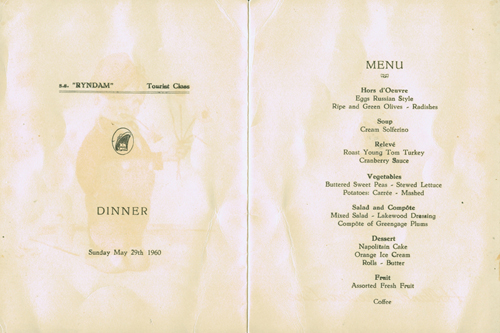 Menu from the S.S. Ryndam, 1960. Canadian Museum of Immigration at Pier 21 (DI2013.1550.2c).