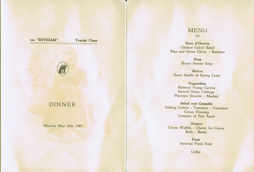 Menu from the S.S. Ryndam, 1960. Canadian Museum of Immigration at Pier 21 (DI2013.1550.2a).