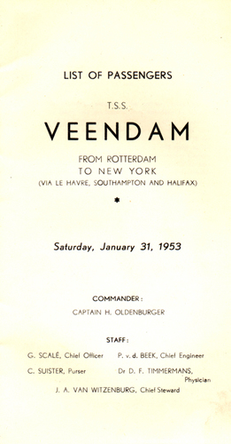 Passenger List for the S.S. Veendam, 1953. Canadian Museum of Immigration at Pier 21 (DI2013.1832.6).