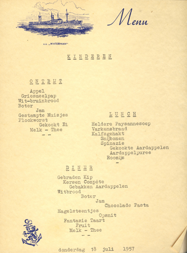 Menu from the S.S. Waterman, 1957. Canadian Museum of Immigration at Pier 21 (DI2013.1558.1b).