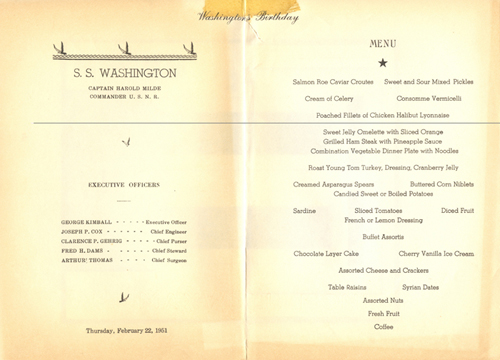 Menu from the S.S. Washington. Canadian Museum of Immigration at Pier 21 (DI2013.1684.13b).