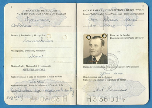 Passport issued to Antonius Rommens. Canadian Museum of Immigration at Pier 21 (DI2013.1561.2a).