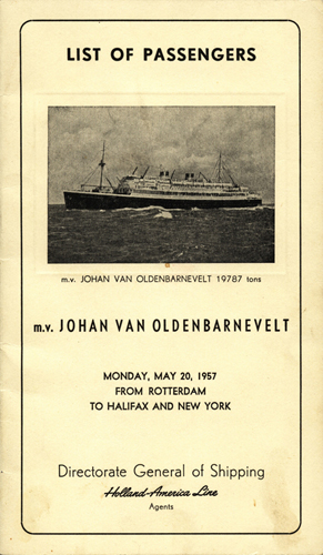 Passenger List from the M.S. Johan Van Oldenbarnevelt, 1957. Origins unknown. 