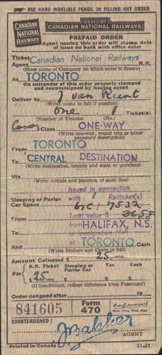 Ticket Receipt issued to John VanRunt by the Canadian National Railway. Canadian Museum of Immigration at Pier 21 (DI2013.1575.4).