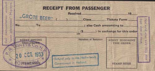 Passenger Receipt issued to John VanRunt from the S.S. Groote Beer, 1953. Canadian Museum of Immigration at Pier 21 (DI2013.1575.7).