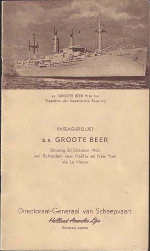 Passenger List from the S.S. Groote Beer, 1953. Canadian Museum of Immigration at Pier 21 (DI2013.1575.2a).