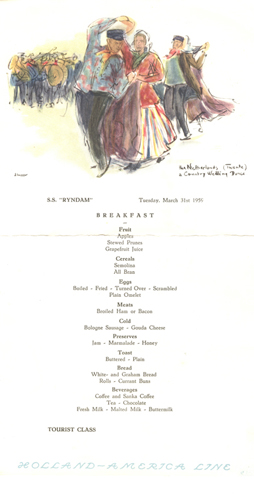 Breakfast Menu from the S.S. Ryndam, 1959.  Canadian Museum of Immigration at Pier 21 (DI2013.1678.1).