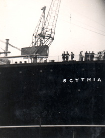 Photo of front side of ship with name Scythia clearly visible.
