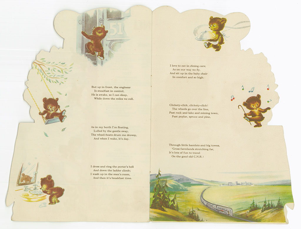Open page of an insert in an old-fashioned menu, there is a story and lovely illustrations of a young bear doing various activities