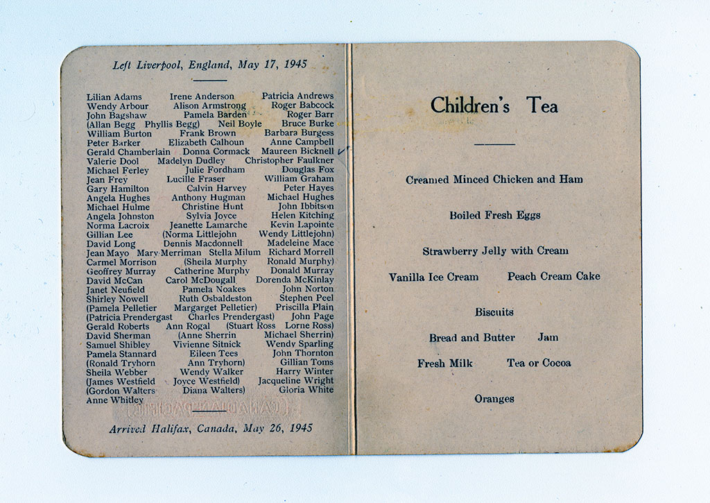 An open page of an old ship’s menu, showing the passenger list on one side and a list of menu items for children.