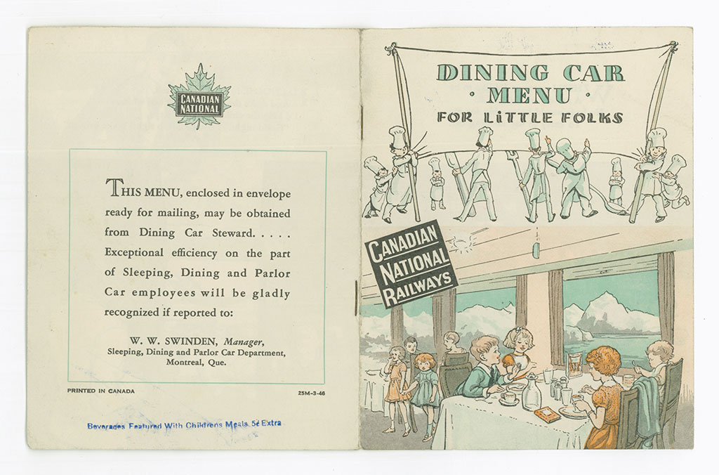 Old-fashioned train’s menu titled for children, with an illustration of train passengers seated at a table in the dining car.