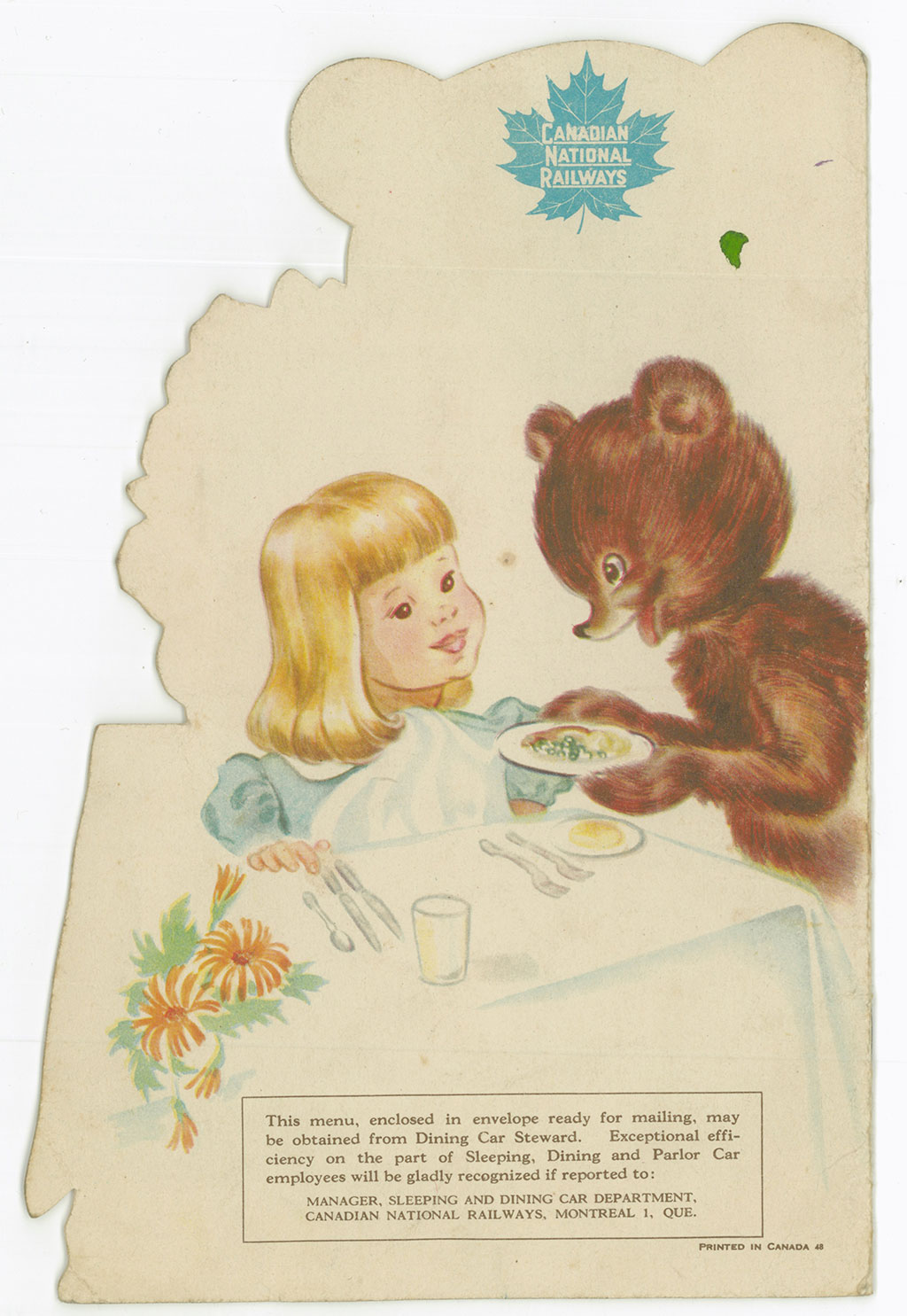 Back cover of an old-fashioned train’s menu, shows the bear serving food to a little blonde girl.