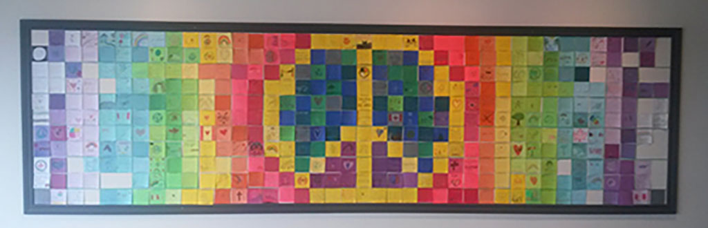 A large board with a collection of coloured pieces of paper.