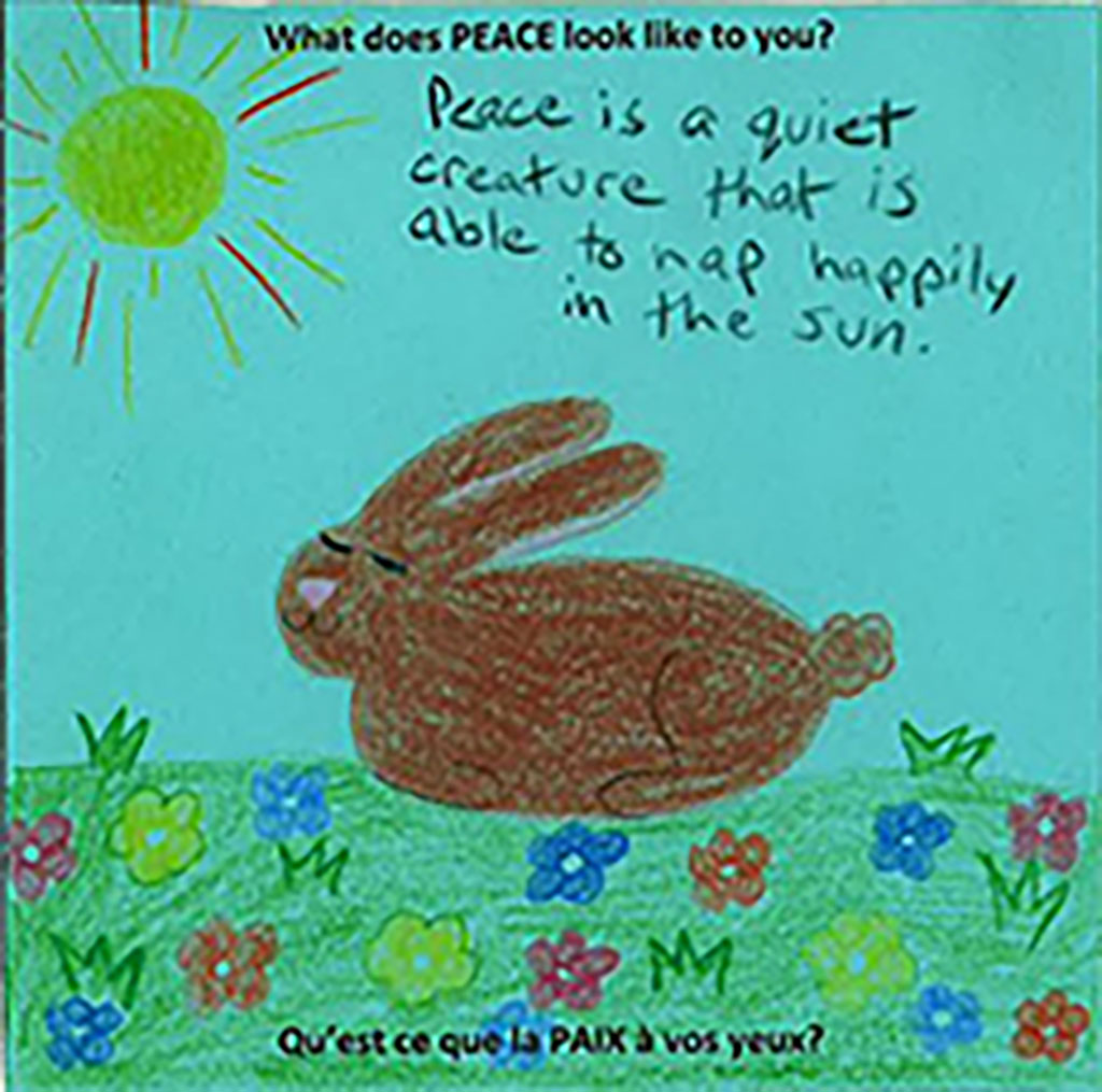A drawing of the sun and a bunny sitting on grass and flowers.