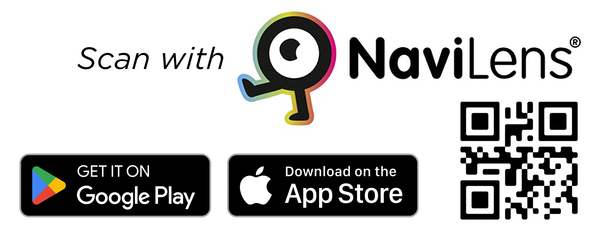 NaviLens logo and QR code to download app via Google Play or Apple App store.