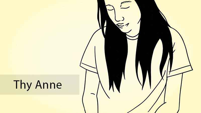 A black and white line drawing of a woman looking down. She has long black hair and wears a t-shirt.