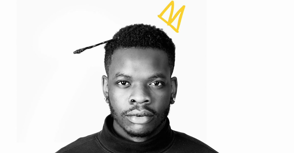 Prince Churchill, a 24-year-old Black man with a goatee and a hair pick sticking out of his afro, a couple of hand-drawn yellow tringles float above his head, evoking a crown.