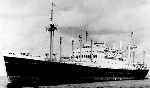 Portrait of a large ship sailing in the ocean.