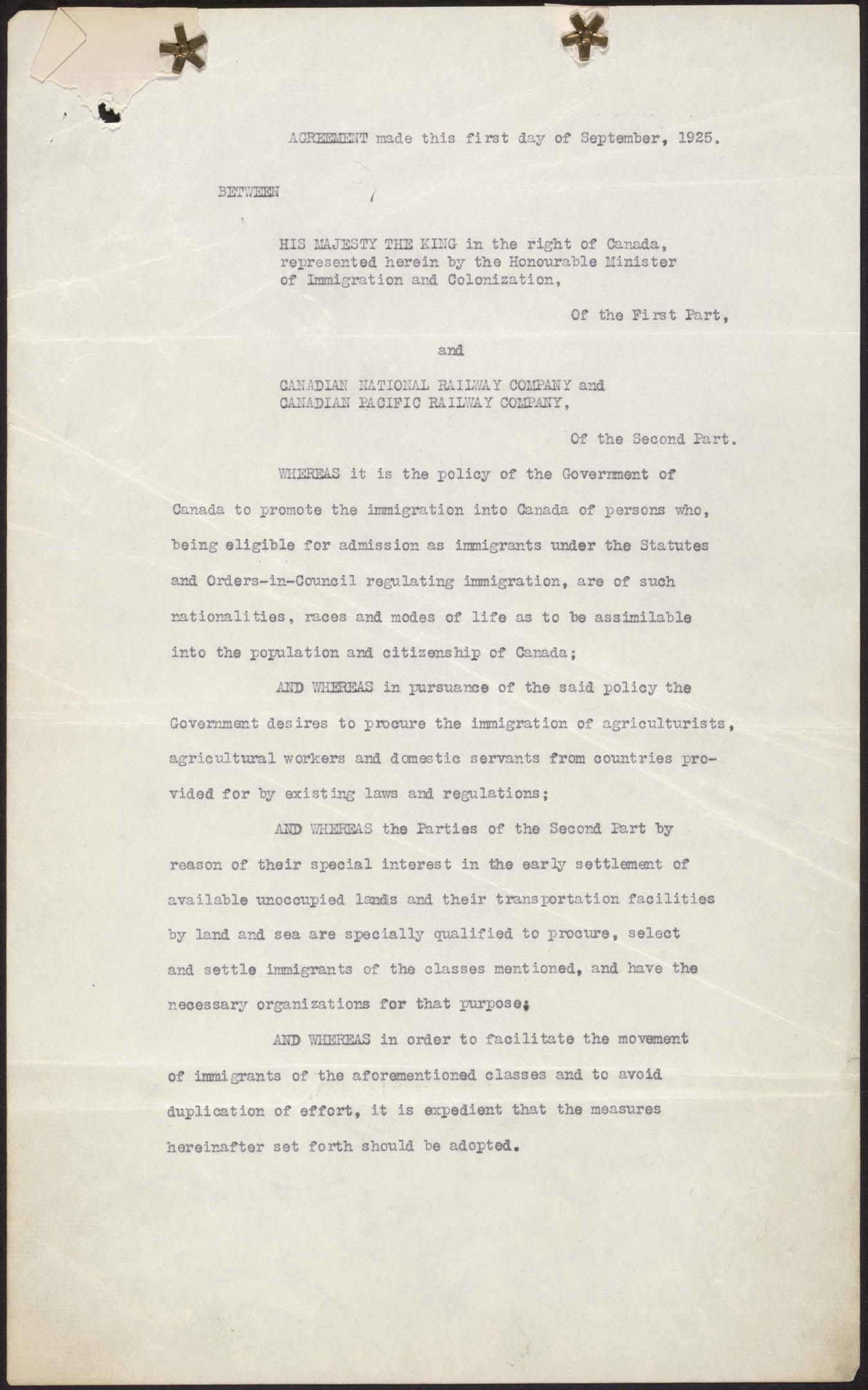Page 1 Railway Agreement, 1925