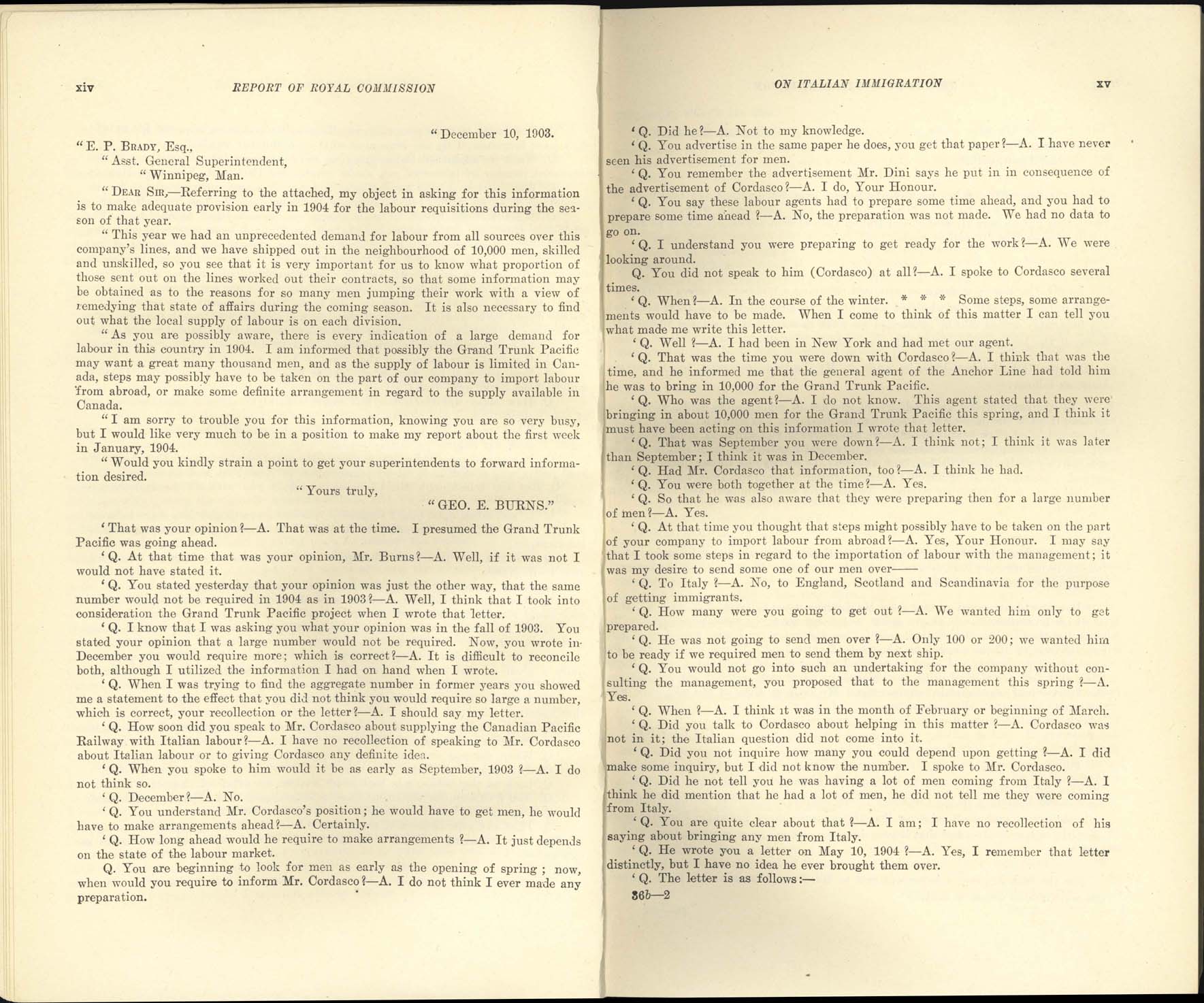 page xiv, xv Royal Commission on Italian Immigration, 1904-1905