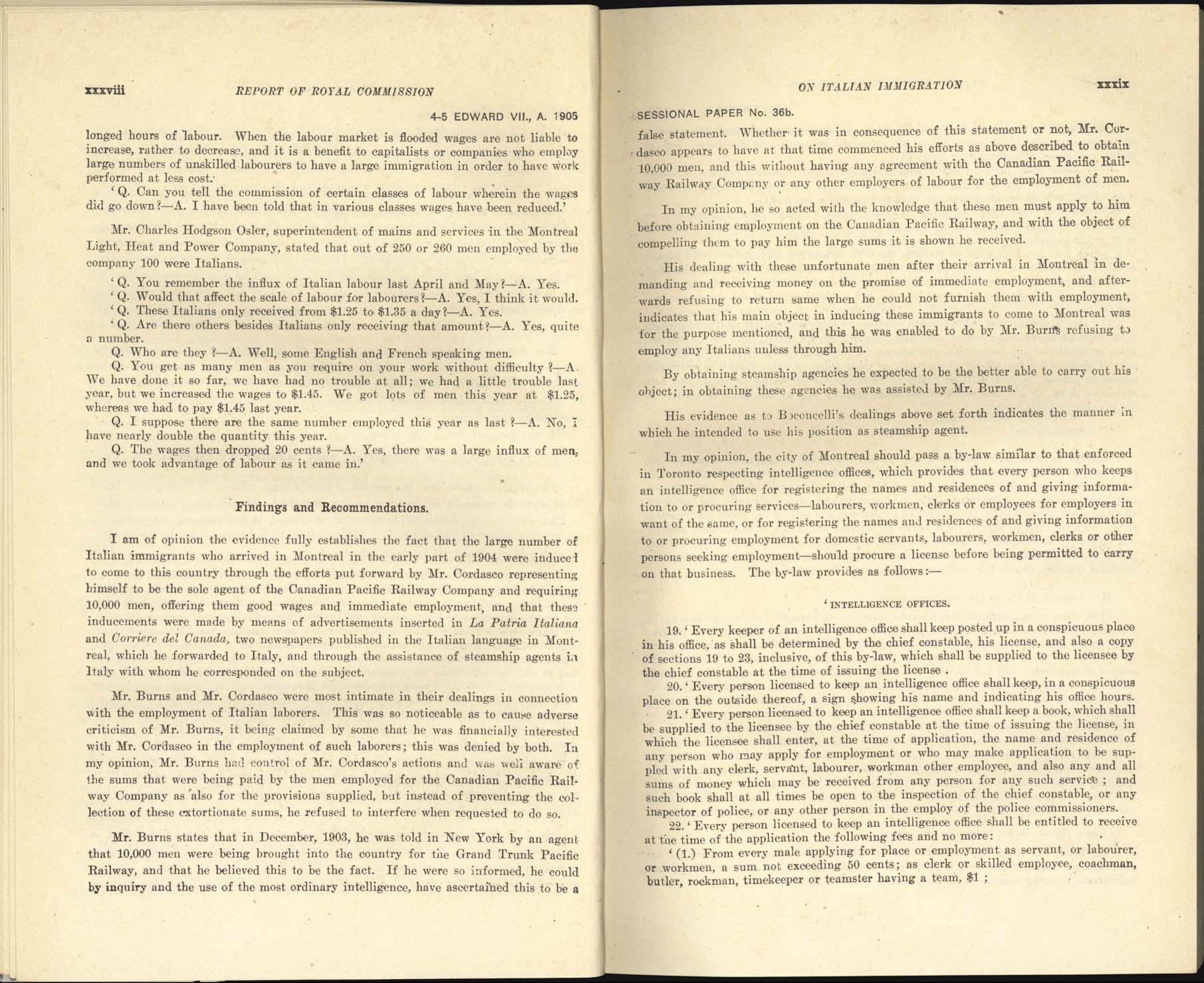 page xxxviii, xxxix Royal Commission on Italian Immigration, 1904-1905
