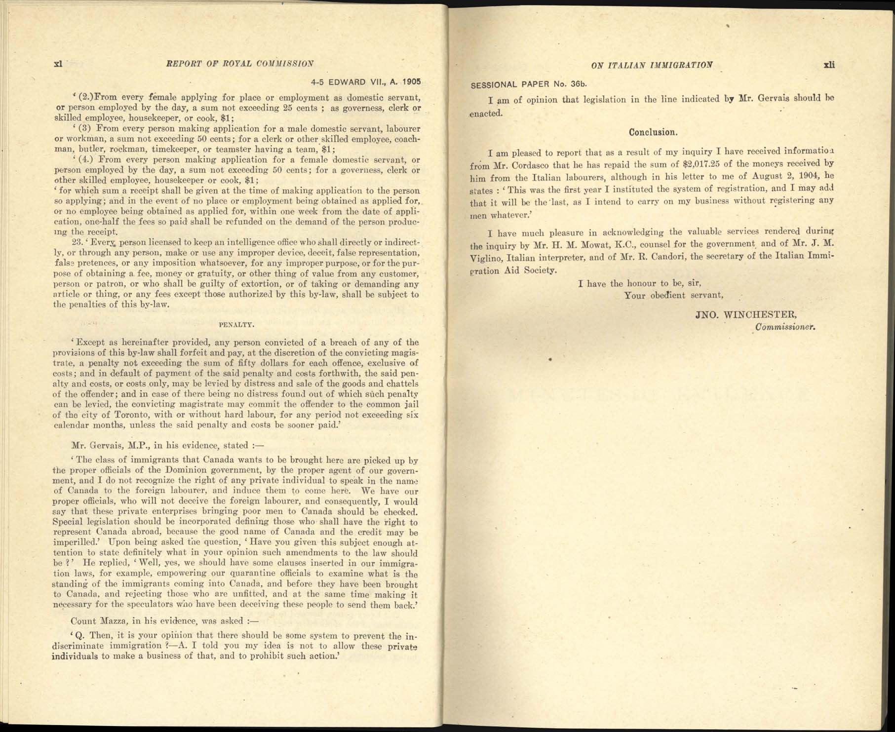 page xl, xli Royal Commission on Italian Immigration, 1904-1905