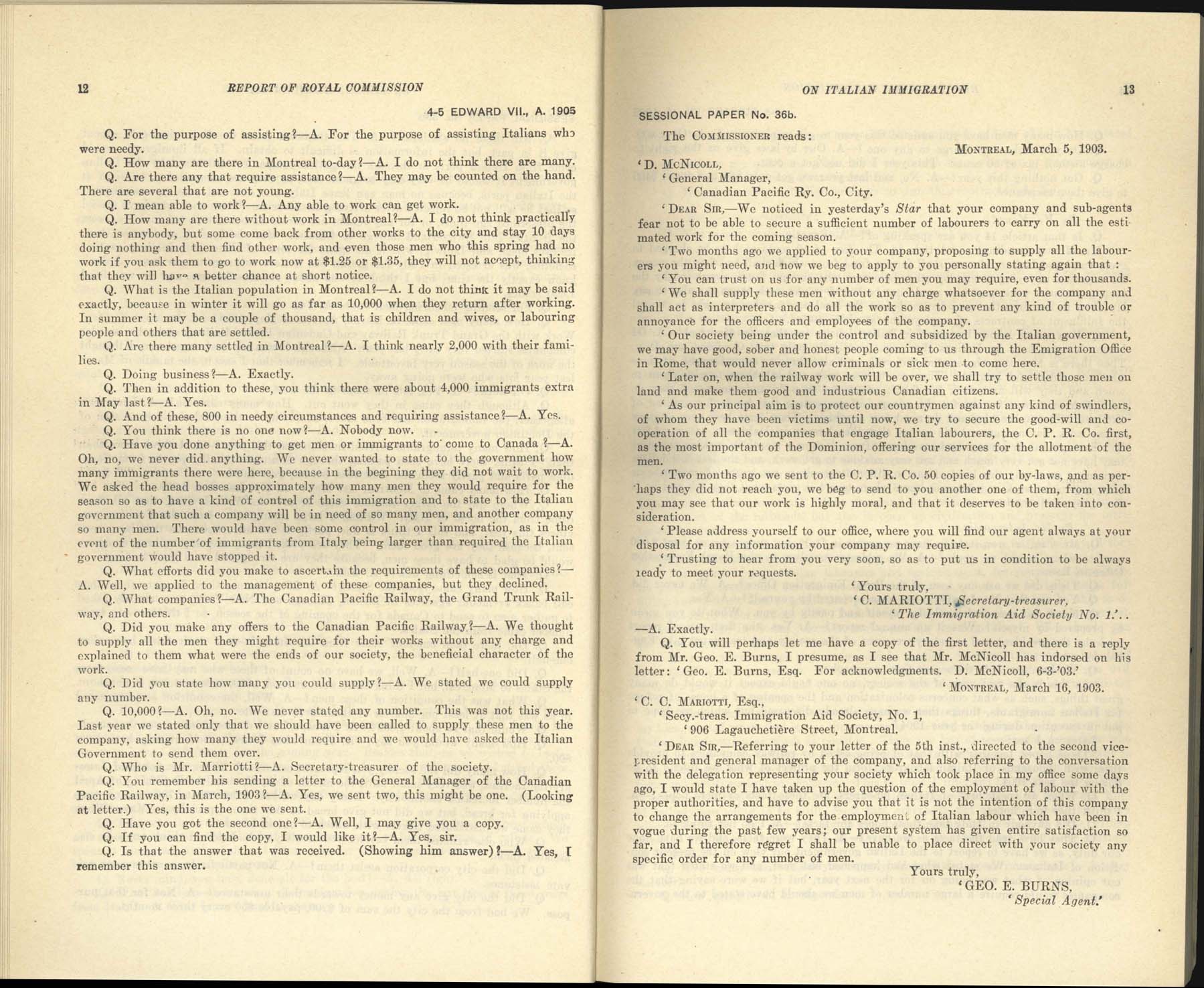 Page 12, 13 Royal Commission on Italian Immigration, 1904-1905