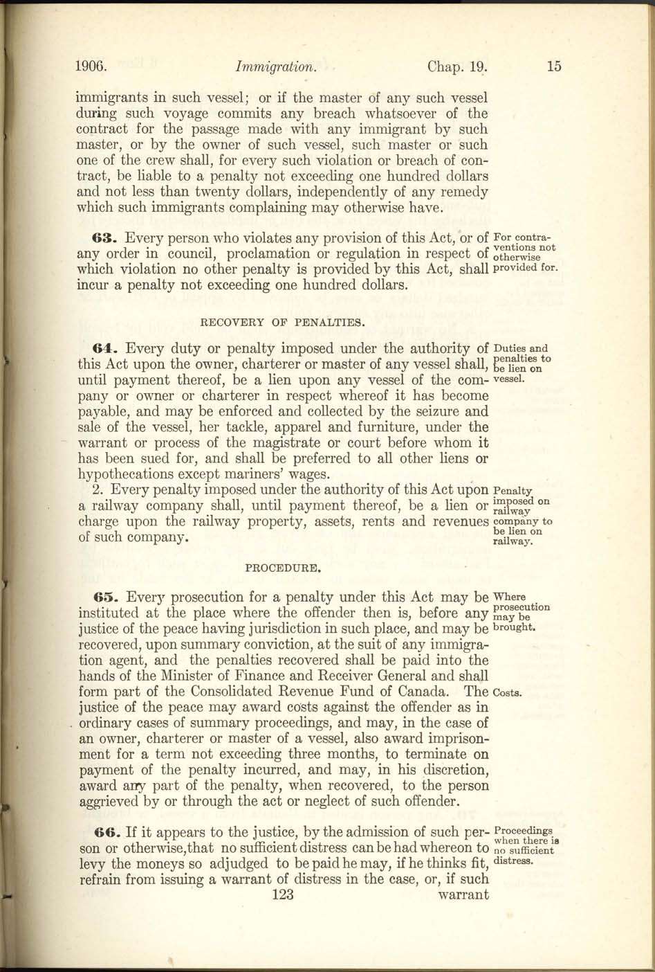 Chap. 19 Page 123 Immigration Act, 1906