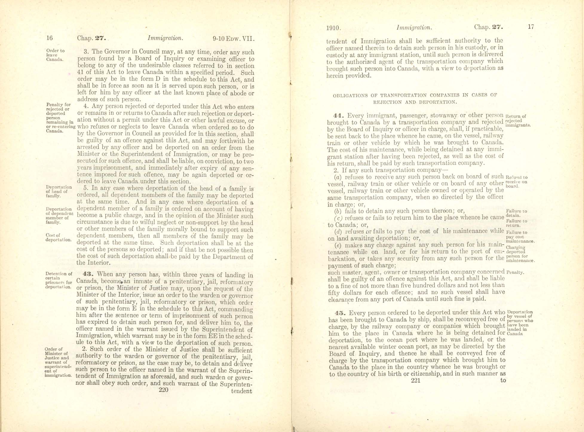 Chap. 27 Page 220, 221 Immigration Act, 1910