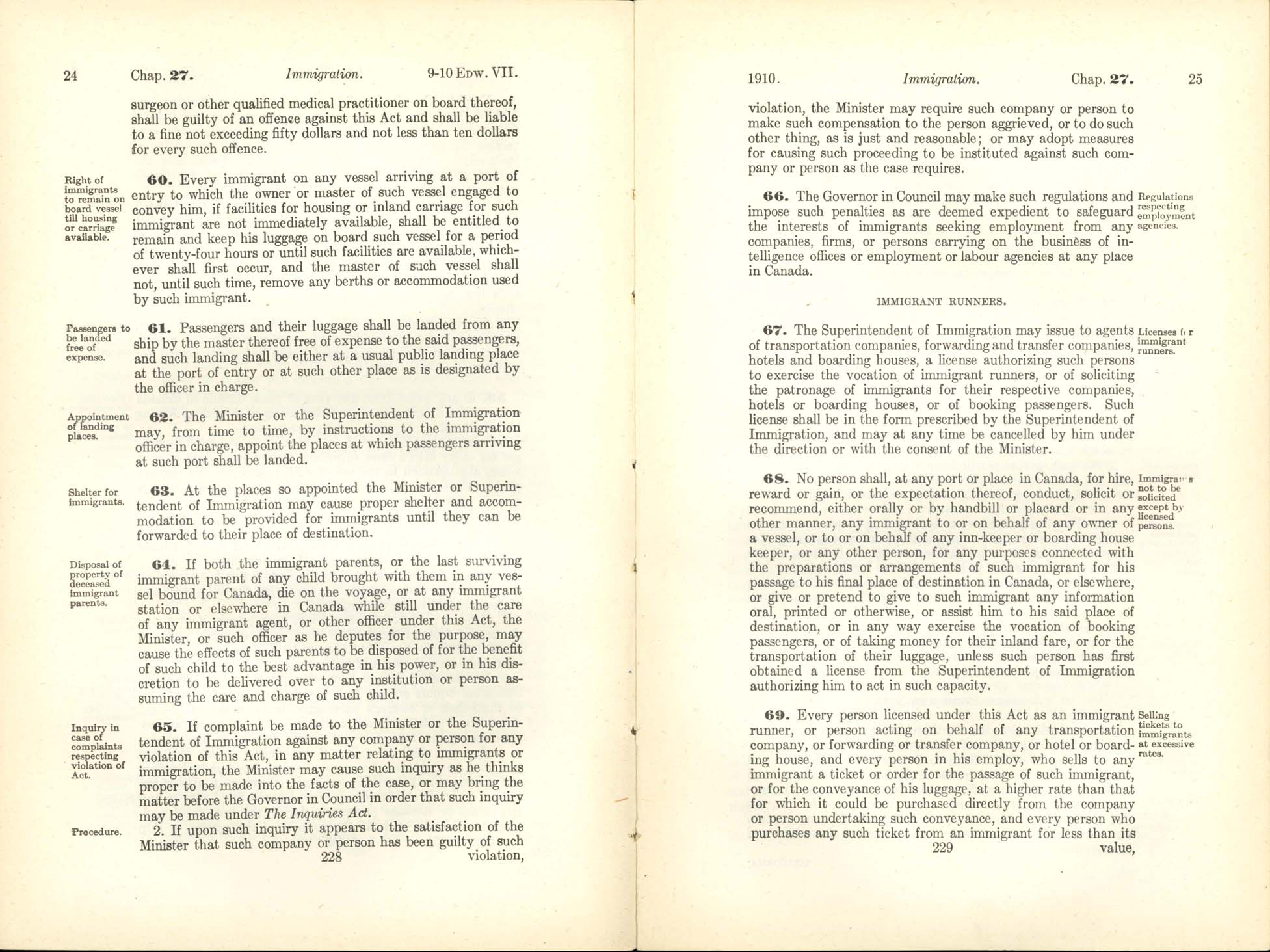 Chap. 27 Page 228, 229 Immigration Act, 1910