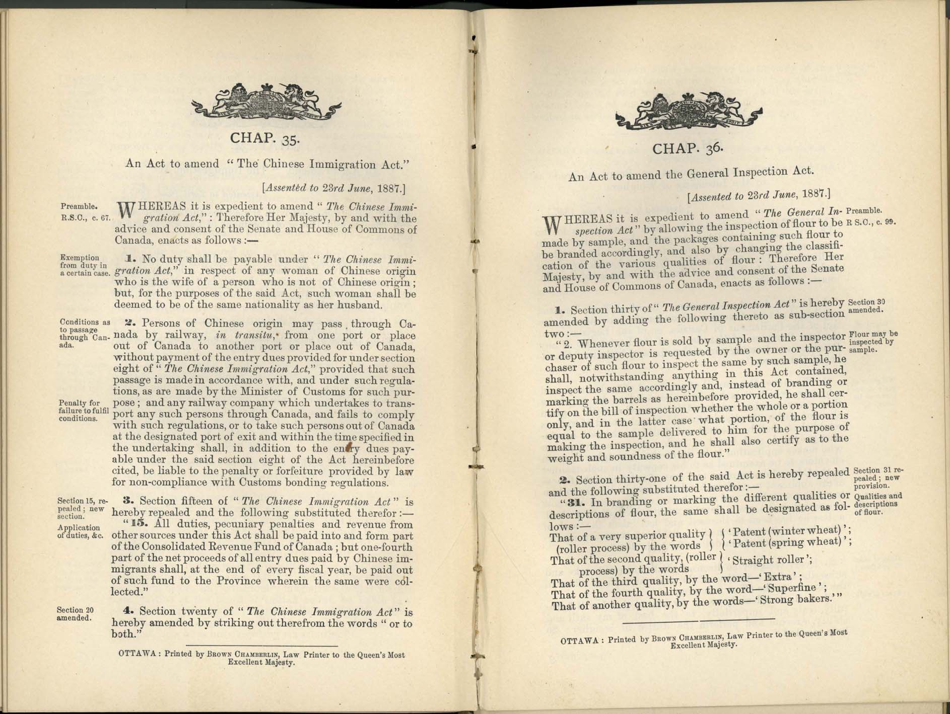 Chap 35 Acte de l’immigration chinoise, 1885 (plus amendements : 1887, 1892, 1900, 1903) Amendment 1887