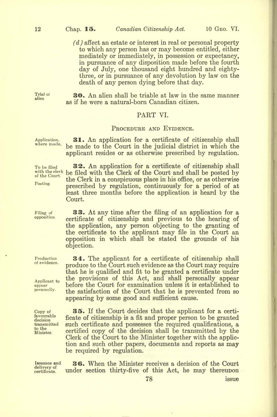 Chap 15 Page 78 Canadian Citizenship Act, 1947