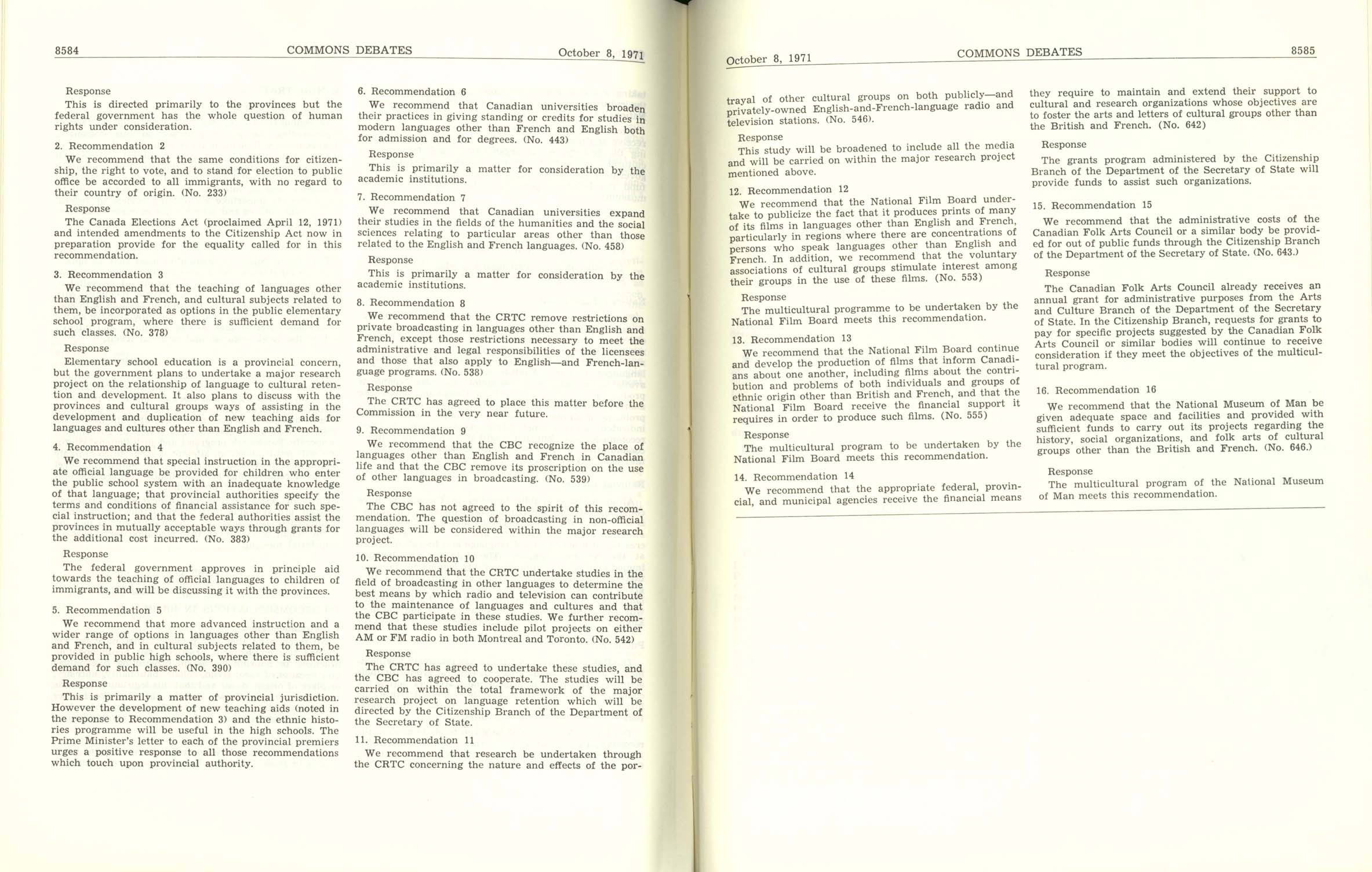 Page 8584, 8585 Canadian Multiculturalism Policy, 1971