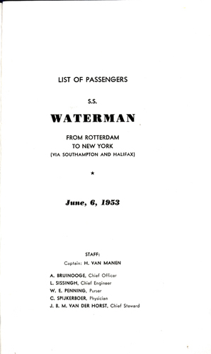 Passenger List from the S.S. Waterman, 1953. Canadian Museum of Immigration at Pier 21 (DI2013.1114.1b).