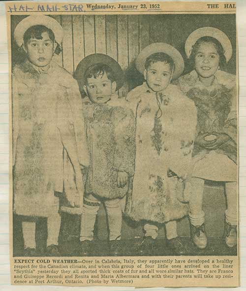 Detail of newspaper clipping featuring children Franco and Guiseppe Berordi, as well as Renita and Maria Albermara, 1952. Canadian Museum of Immigration at Pier 21 (DI2013.1477).