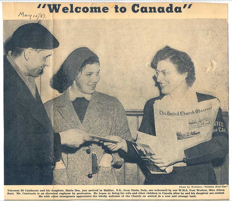 Newspaper clipping from scrapbook featuring Vincenzo Di Candussio and daughter Maria Ilsa arriving in Halifax , 1951. Canadian Museum of Immigration at Pier 21 (R2014.336.1).
