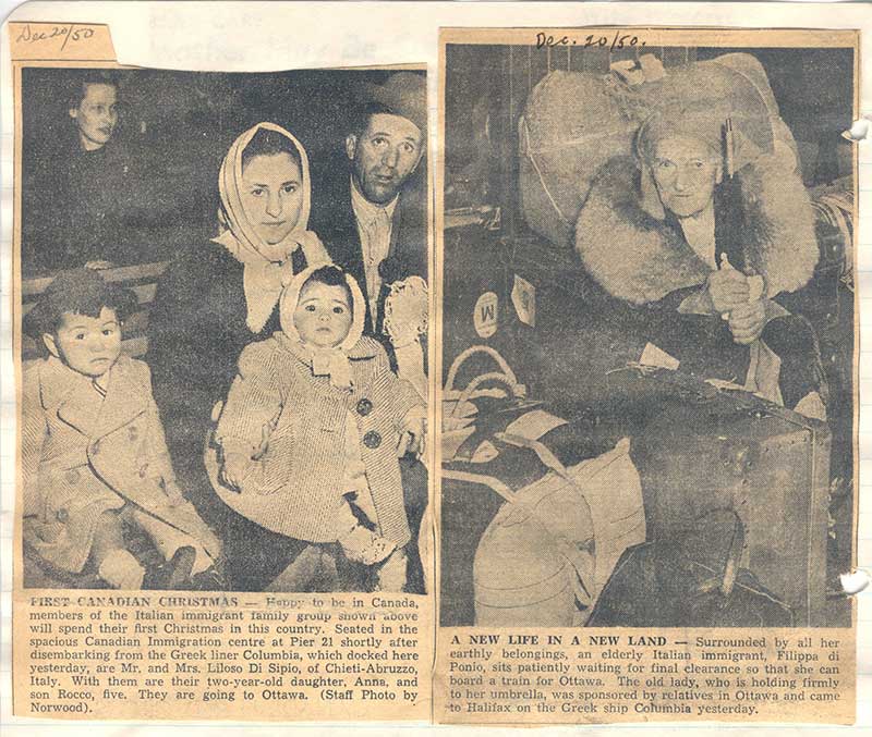 Detail of a newspaper clipping from scrapbook, 1950. Canadian Museum of Immigration at Pier 21 (R2014.336.1).