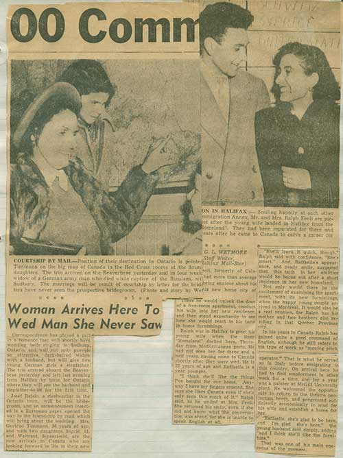 Detail of newspaper clipping from scrapbook featuring articles on Ralph Feoli greeting wife Raffaella, and Josef Rajski meeting new bride Gertrud Timmann, 1951 c. Canadian Museum of Immigration at Pier 21 (R2014.336.1).