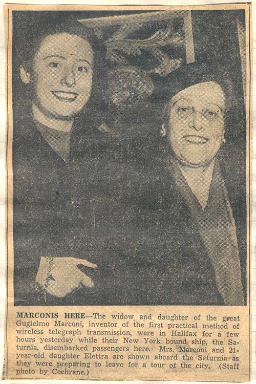 Detail of newspaper clipping from scrapbook featuring the widow and daughter of the late Gugielmo Marconi, 1950 c. Canadian Museum of Immigration at Pier 21 (R2014.336.1).