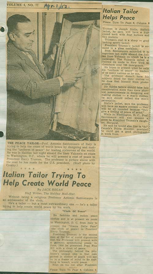 Detail of newspaper clipping from scrapbook featuring tailor Prof. Antonio Santomauro, 1952. Canadian Museum of Immigration at Pier 21 (R2014.336.1).