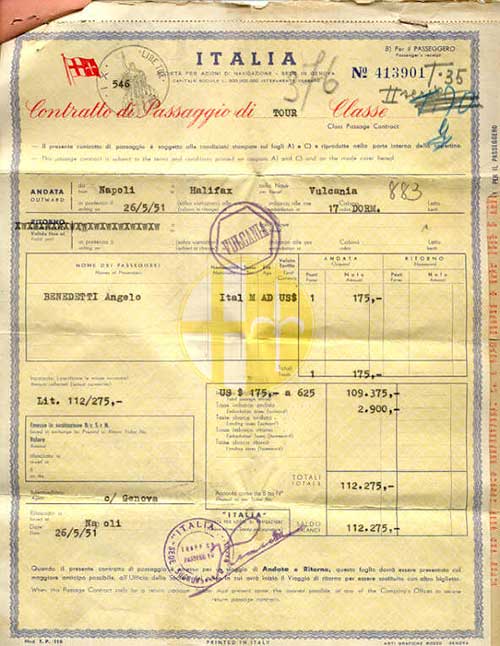 Ticket receipt issued to Angelo Bendetti, 1951. Canadian Museum of Immigration at Pier 21 (DI2013.1897.1).