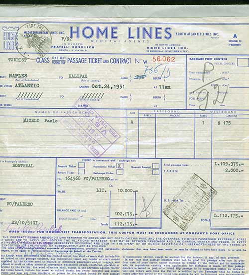 Ticket receipt issued to Paolo Miceli by Home Lines, 1951. Canadian Museum of Immigration at Pier 21 (DI2013.1805.1).