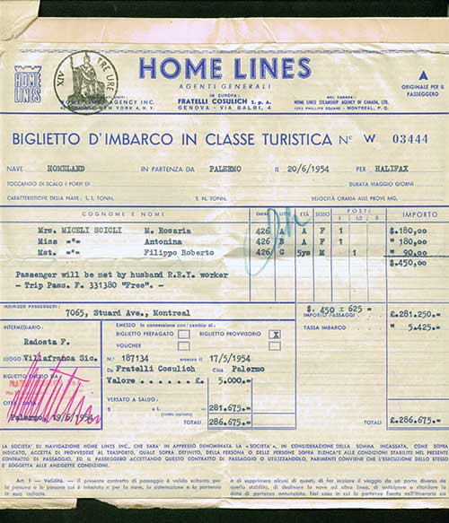 Ticket receipt issued to passengers M. Rosaria, Miss Antonina, and Filippo Roberto by Home Lines, 1954. Canadian Museum of Immigration at Pier 21 (DI2013.1805.2).