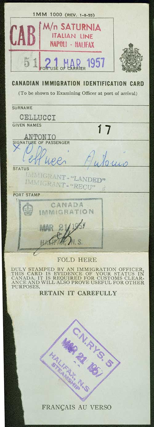 Canadian Immigration Identification Card issued to Antonio Cellucci, 1957. Canadian Museum of Immigration at Pier 21 (DI2013.1782.1).