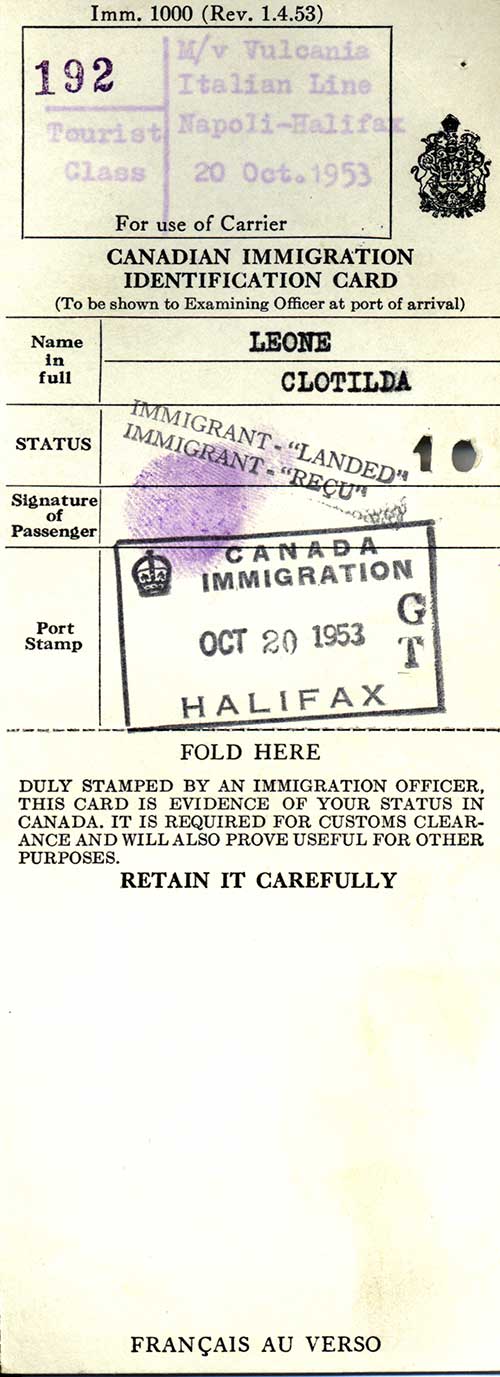 Canadian Immigration Identification Card issued to Clotilda Leone, 1953. Canadian Museum of Immigration at Pier 21 (DI2013.1799.1).