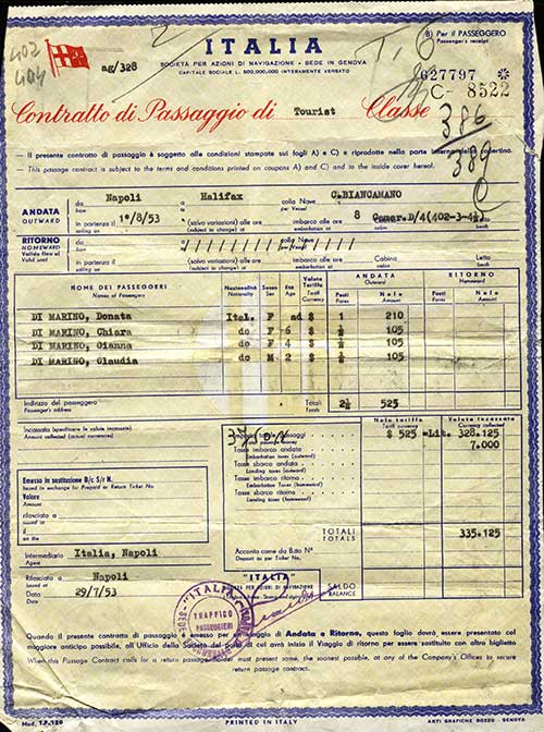 Ticket receipt issued to passengers Donata, Chiara, Gianna, and Claudia Di Marino by Italia Line, 1953. Image courtesy of the Di Marino family.