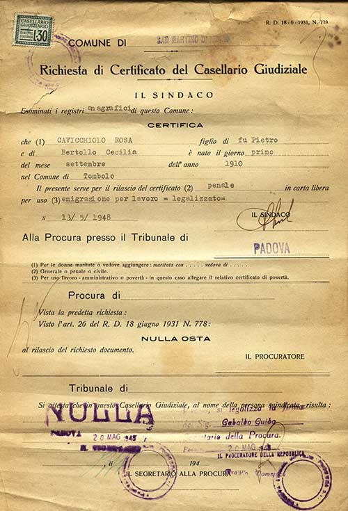 Criminal Record Certificate issued to Rosa Cavicchiolo by the Mayor of Padova, Italy, 1952. Canadian Museum of Immigration at Pier 21 (DI2013.1774.1).