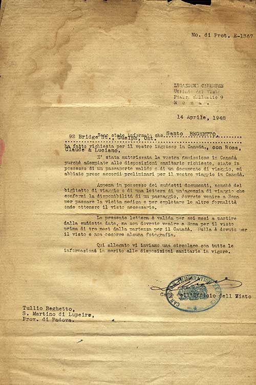 Admission Letter into Canada issued to Santo Beghetto, 1948. Canadian Museum of Immigration at Pier 21 (DI2013.1774.14).